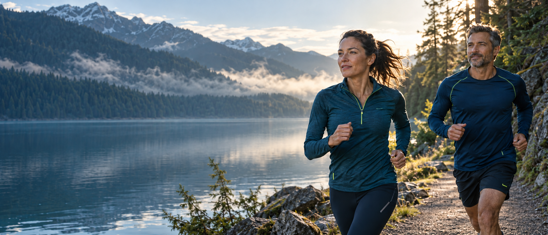 Two athletes running beside a mountain lake in morning light